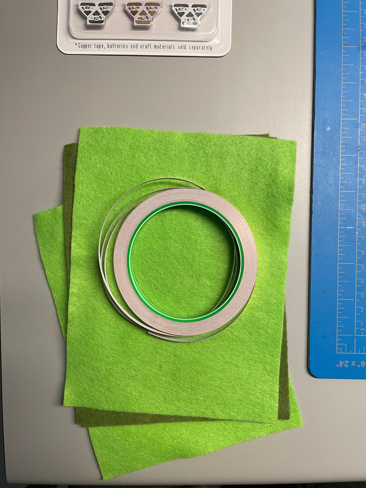 When the copper tape wwas handed out I was suprised because it is the exaact same down to the
                  the brand for what I use for making stained glass. But, the first circuit I created did not work 
                  becuase of how the tape was designed. I thought it would still work but it did not. I had to 
                  tape more copper face turning downward to the other tape, because of this I will likley be 
                  sticking to wires for my final project.