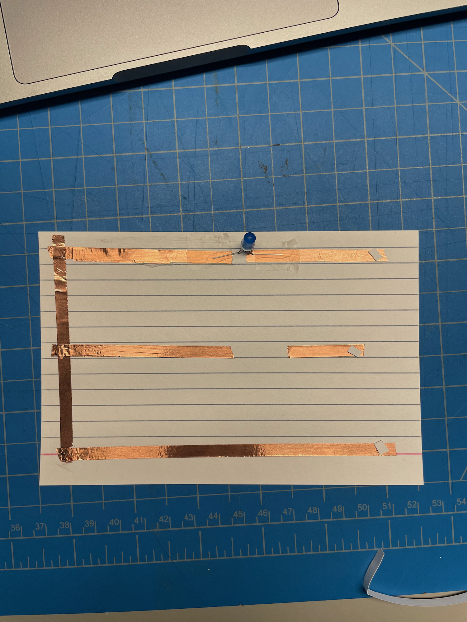 At displayed, this circuit almost is a combination of both the first and second parts. I 
                  tried a new way to connect the tape joints but it very much did not work. So, I resorted to 
                  my previous technique and then reflected on what other ways I could have tried to connect the 
                  different pieces of tape.